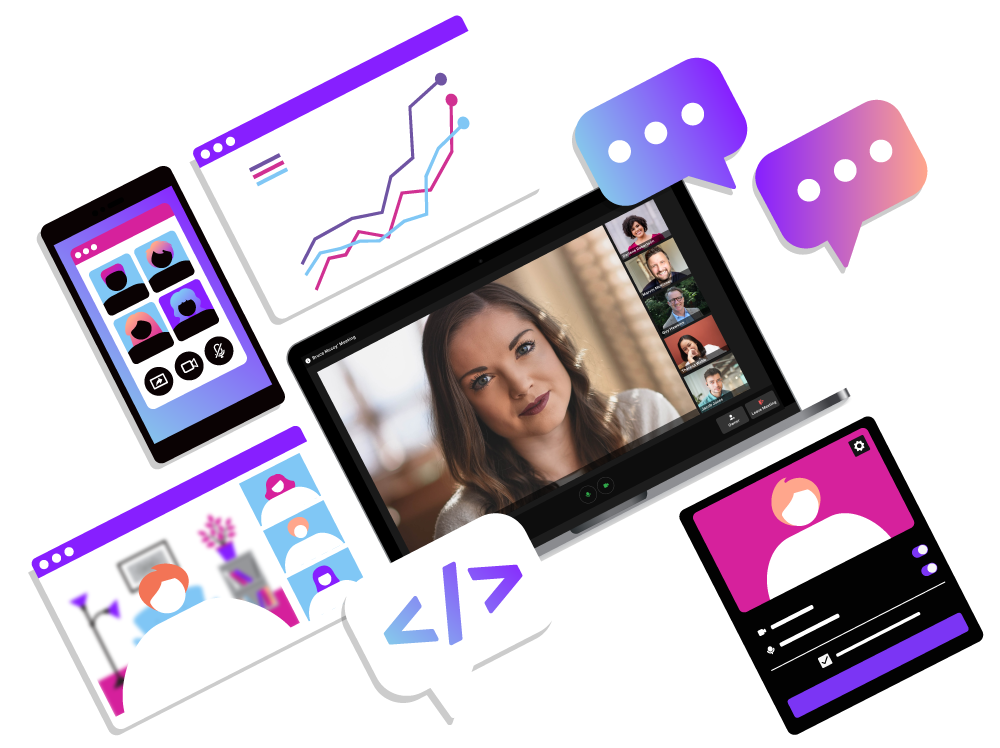 Graphic showing meetings api, screen blur, welcome screen and whiteboarding
