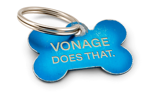 blue dog tag that says Vonage Does That