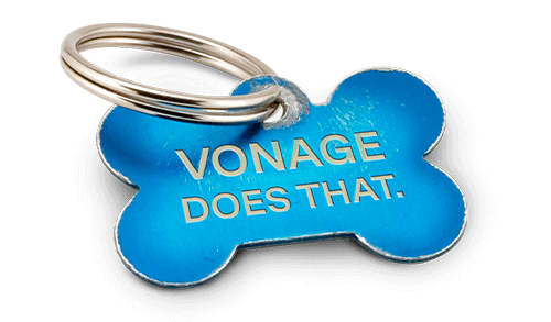 blue dog tag that says Vonage Does That