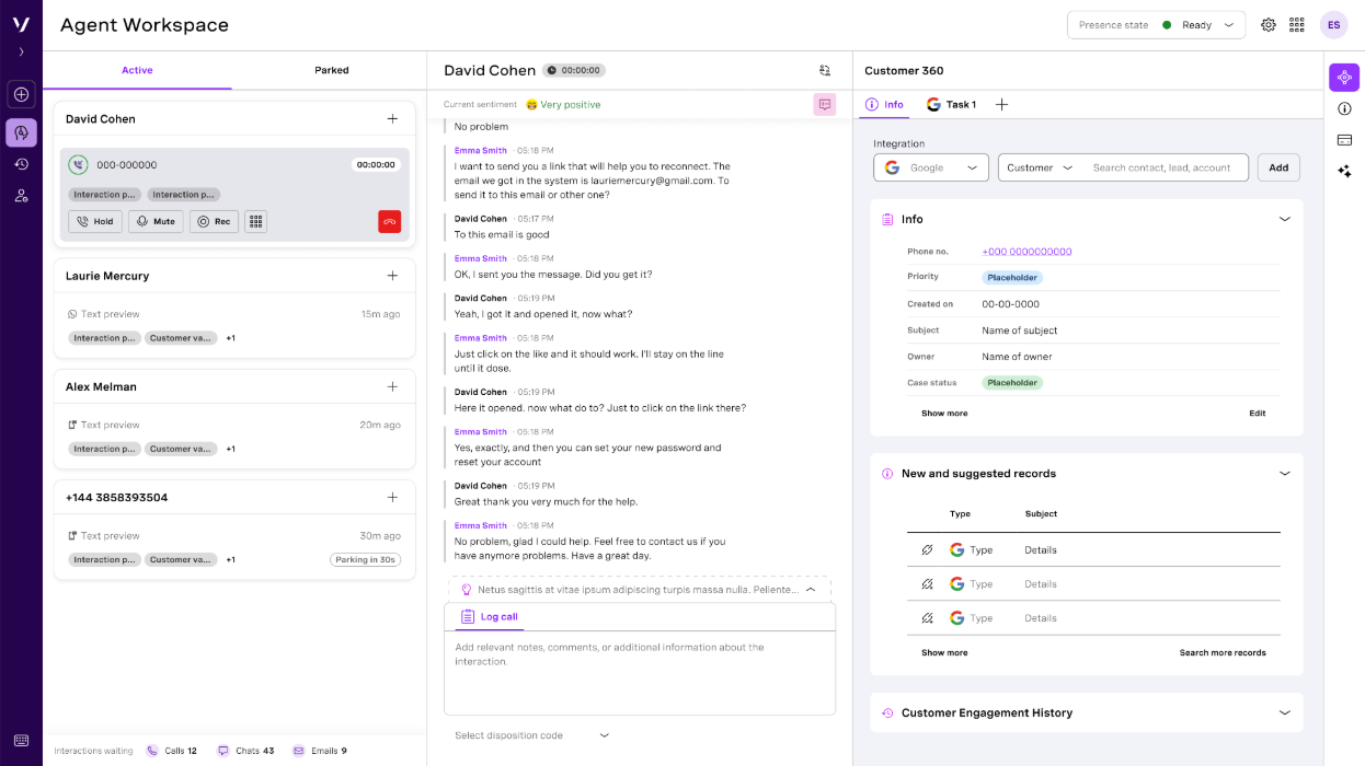 Agent workspace interface showing a voice interaction with real-time transcription and sentiment analysis