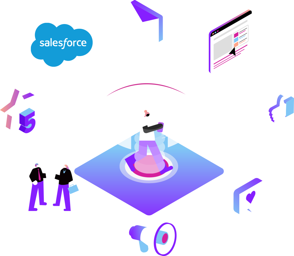 Illustration depicting Salesforce and Vonage integrations across devices