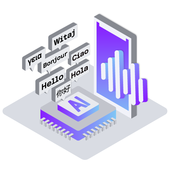 Illustration of an API component labeled AI, and a cell phone with icons representing a conversation. Callouts float above the component showing  the word for hello in several languages.