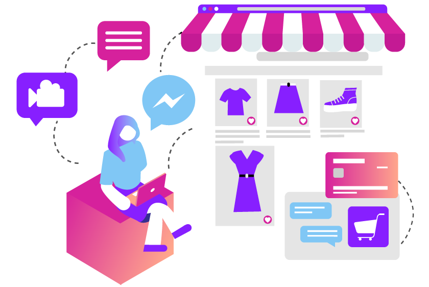 Future of Ecommerce Header Image Illustration of a woman sitting outside a brick-and-mortar store. She is using her laptop, and we see icons representing her shopping for clothes items, watching videos, chatting with store clerks, and making purchases online.