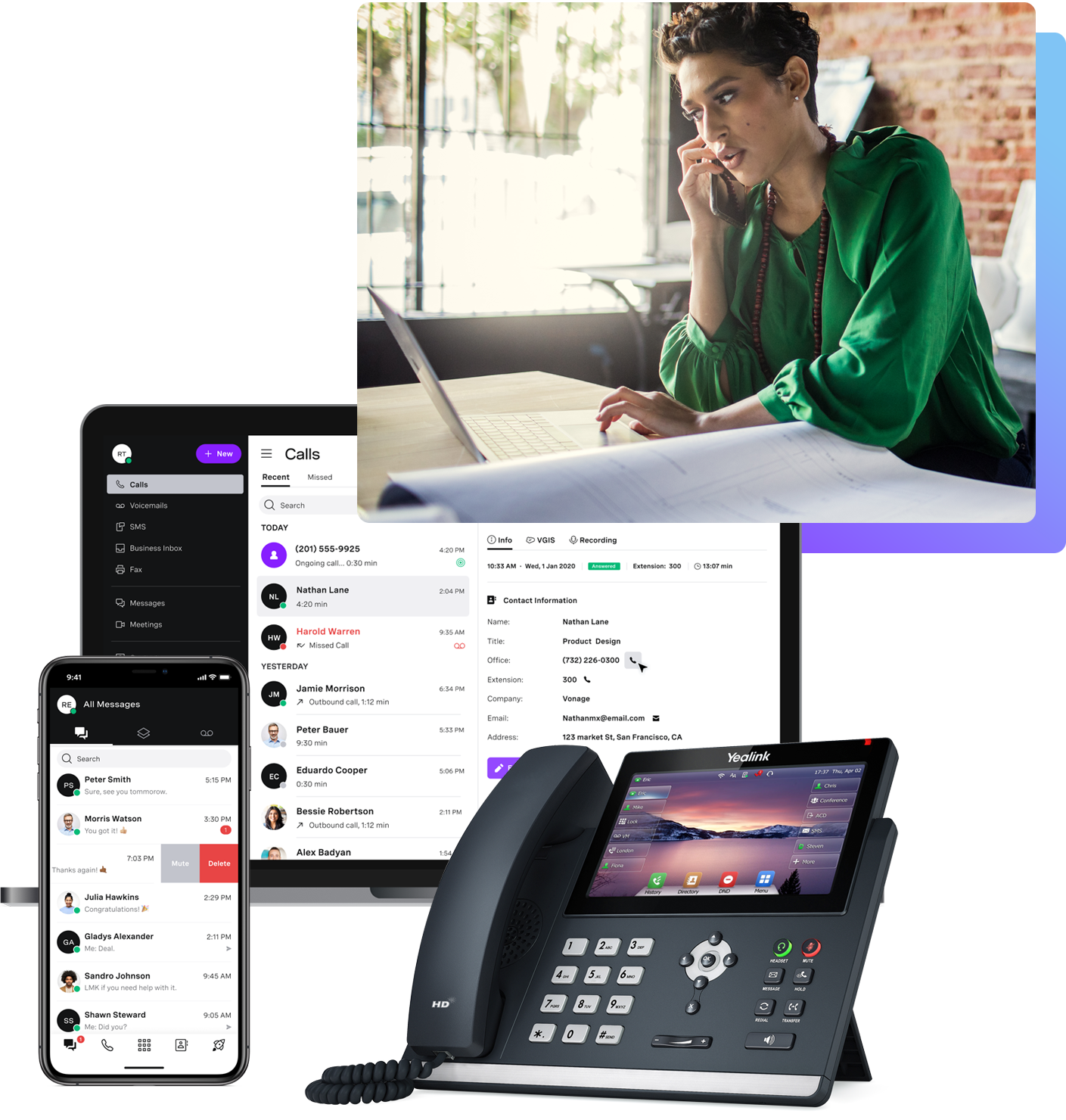 woman using VBC on her laptop and mobile devices with those devices below